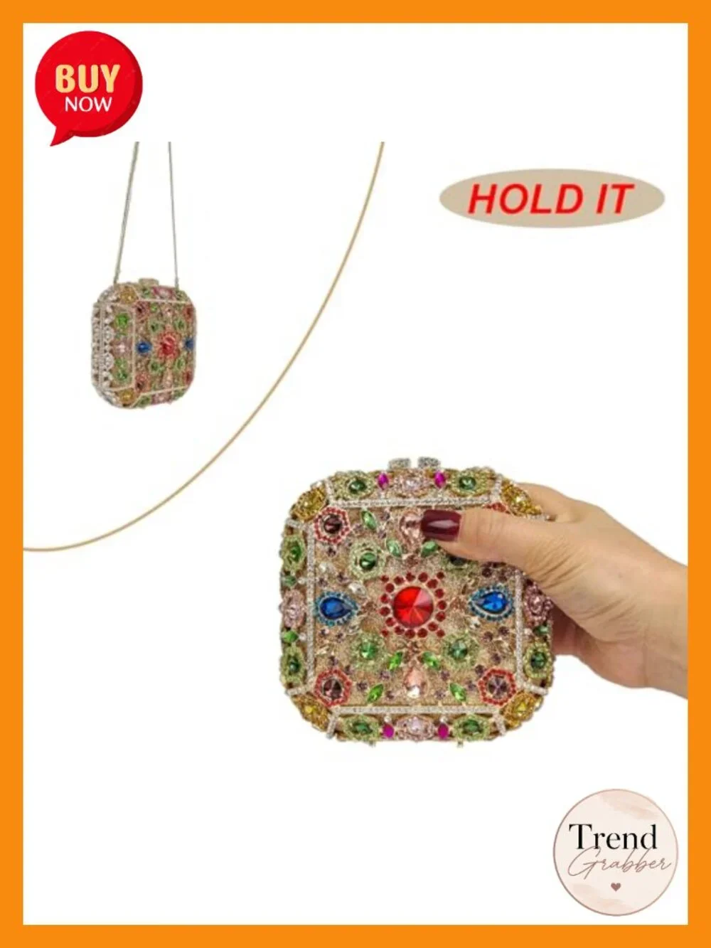 HUANG ZHUANG Crystal Clutch Evening Bag Octagonal Box Shape Rhinestone Purses